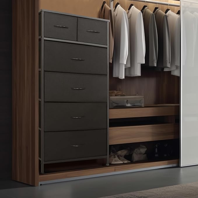 Mifuro Tall Dresser for Bedroom, Vertical Storage Organizer Tower with 6 Drawers, Chest of Drawers with Fabric Bins, Steel Frame, Wood Top for Bedroom, Closet, Entryway- Black - Image 4