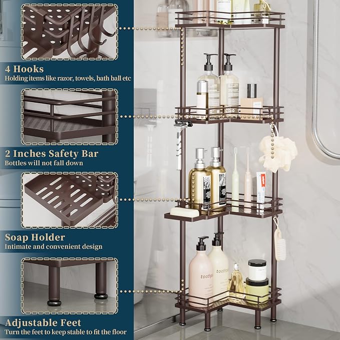 Consumest Corner Shower Caddy Standing - 4-Tier Stainless Steel Shower Organizer with Soap Holder and 4 Hooks, Large Capacity Corner Shelf Stand for Bathroom, Rest Room, Bronze - Image 3