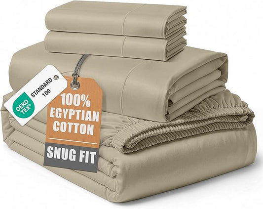 LANE LINEN 100% Egyptian Cotton Bed Sheets California King Size, Soft & Comfy Sateen Weave No Pill Fade Resistant Cal King Bedding Set, Machine wash 15'' Deep Pocket - Linen