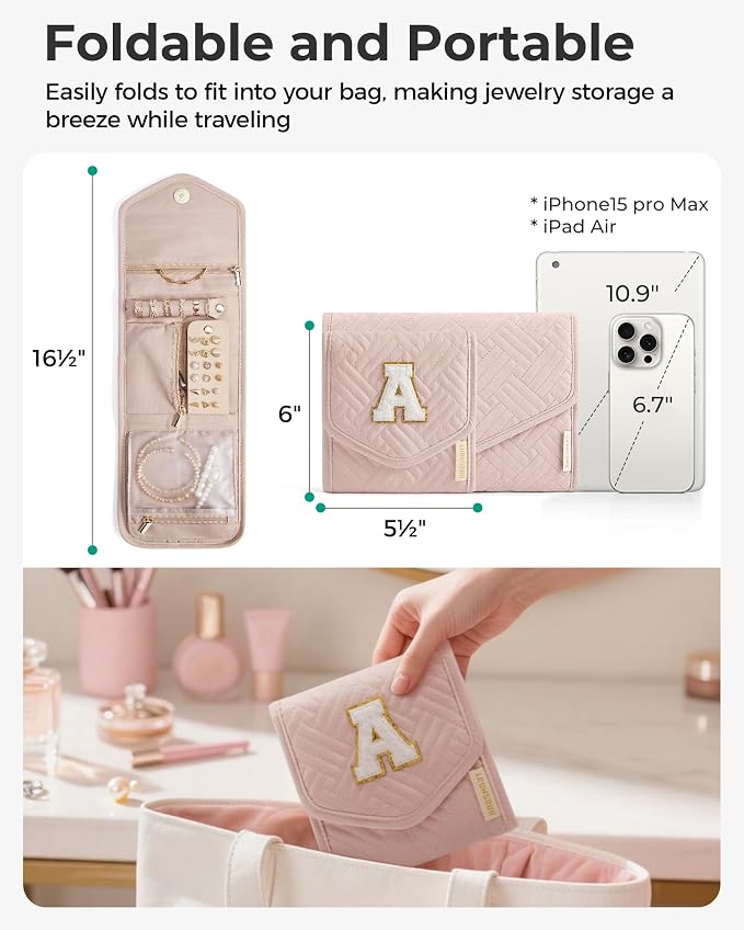 BAGSMART Travel Jewelry Organizer Case E Initial Foldable Jewelry Roll for Journey Rings, Necklaces, Earrings, Bracelets,Mini,Letter E,Soft Pink - Image 5