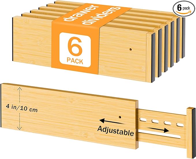 Bamboo Drawer Dividers 4" High, 16.5-22" Adjustable Drawer Organizers for Clothes,Expandable Dresser Separators in Bedroom/Kitchen/Bathroom/Office Organization and Storage,6 Pack by Ryqtop