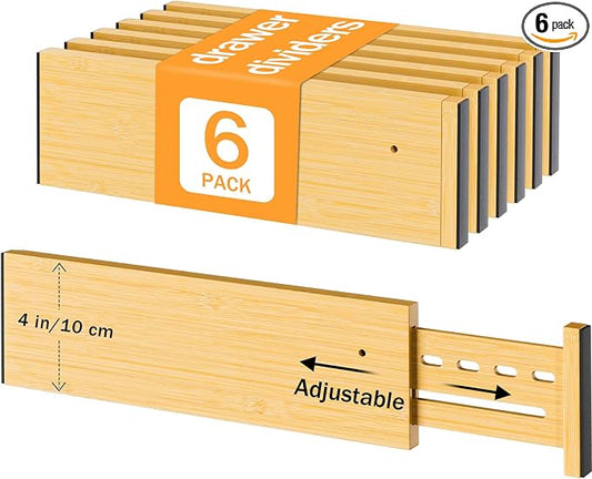 Bamboo Drawer Dividers 4" High, 12.8-18" Adjustable Drawer Organizers for Clothes,Expandable Dresser Separators in Bedroom/Kitchen/Bathroom/Office Organization and Storage,6 Pack by Ryqtop