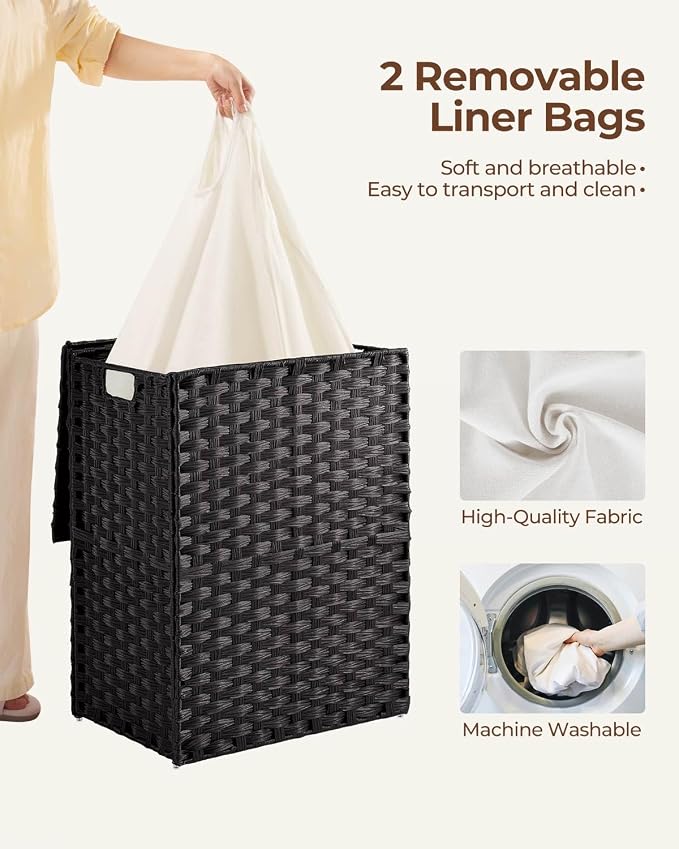Greenstell Laundry Hamper with 2 Removable Liner Bags, Foldable Divided Clothes Hamper, 90L Handwoven Synthetic Rattan Laundry Basket with Lid and Handles, Easy to Install Black 18.3x13.3x24 Inches - Image 3