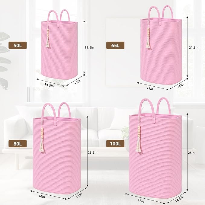 Woven Laundry Basket for Clothes, 65L Large Rectangle Laundry Hampers, Nursery Storage Basket for Toys, Tall Dirty Clothes Hamper for Bedroom Aesthetic, Bathroom, Laundry Room - Image 3