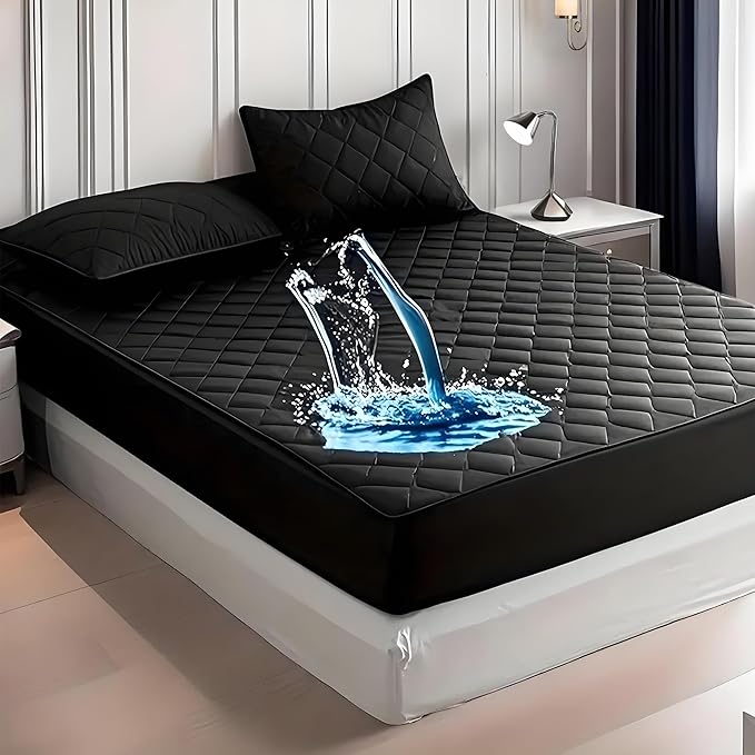 Waterproof Mattress Protector, Queen Size Cooling 3D Air Fabric Bed Pad Cover Noiseless with Deep Pocket 4"-14" Depth, Soft Breathable Dirt-Proof Bed Mattress Cover Washable (Black, Queen)