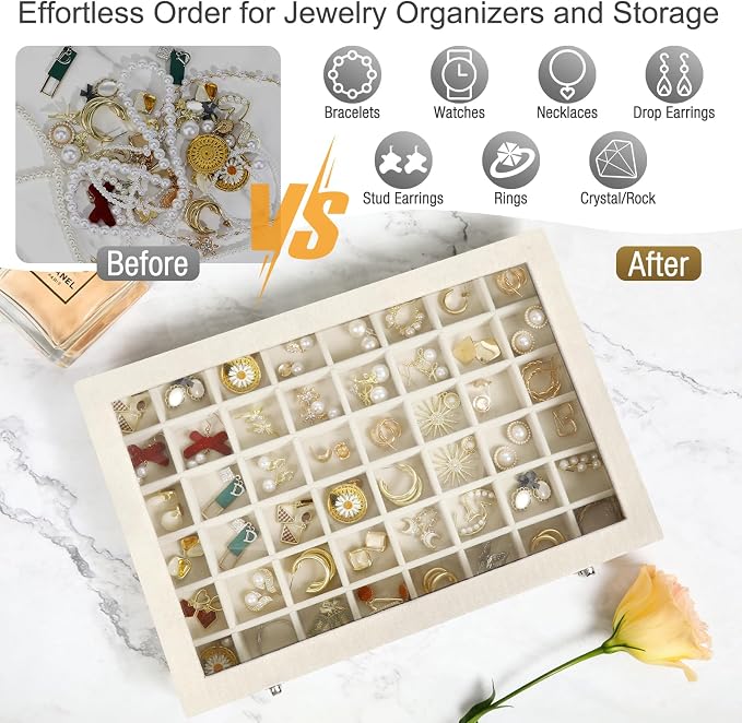 Velvet Jewelry Organizer Storage Tray, 48 Grid Adjustable Earring Holder Organizer with Clear Lid, Jewelry Display Box for Earrings, Rings, Necklaces and Studs, Gift for Women and Girls - Image 5