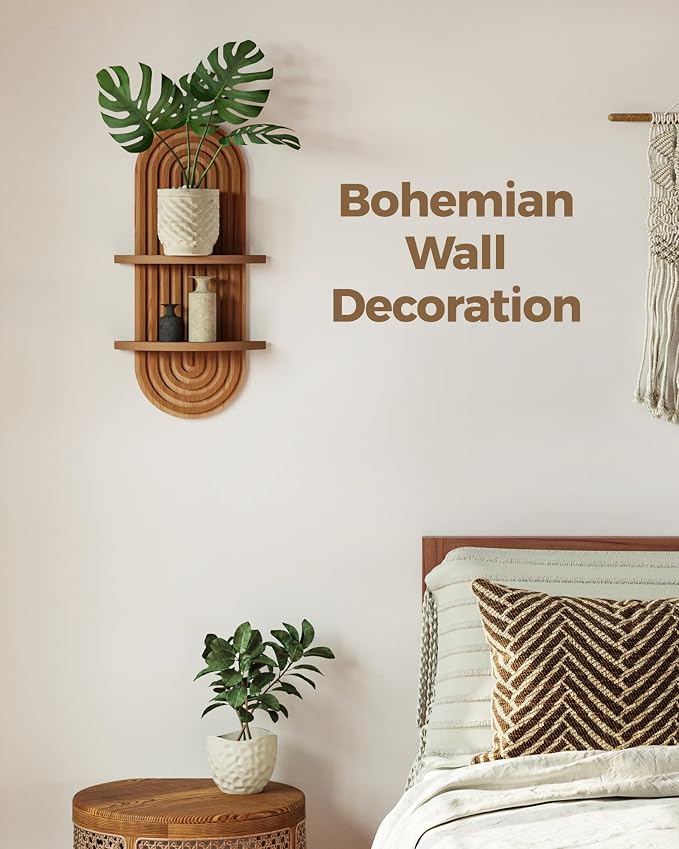Bamworld Plant Wall Shelf Boho Wall Decor Brown Hanging Plant Shelf Mid Century Modern Decor 2-Tier Wooden Floating Shelves for Home, Bathroom Living Room Office Holding Planter Decoration, 1Pcs - Image 4