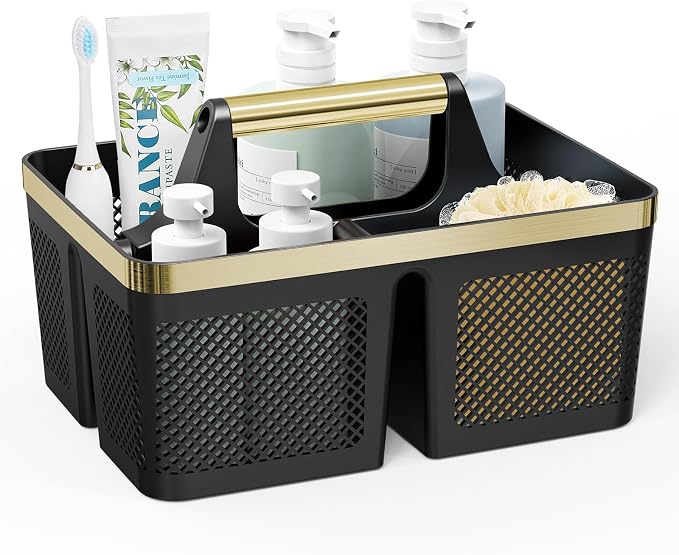 BYUNER Shower Caddy Dorm Men: Plastic Bathroom Caddy Organizer with Handle and Holes, Bath Caddy for College Dorm, Portable Shower Basket Tote for Toiletry, Travel, GYM, Camp Essentials Black/Gold by MakesYourHomeMoreOrganized