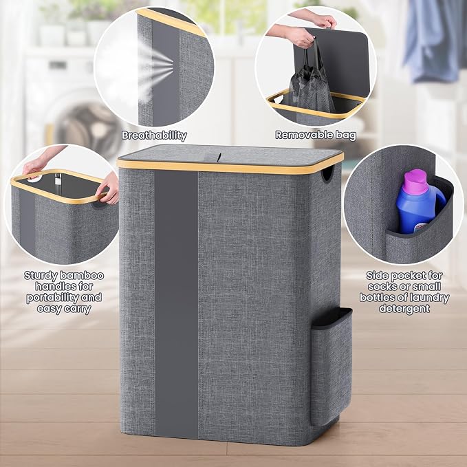 BlissTotes Laundry Basket with Lid, 80L Clothes Laundry Hamper with Handles and Removable Laundry Bag, Breathable Design Hamper with Lid for Bedroom, Bathroom, Dorm, Laundry Room - Light Grey - Image 4