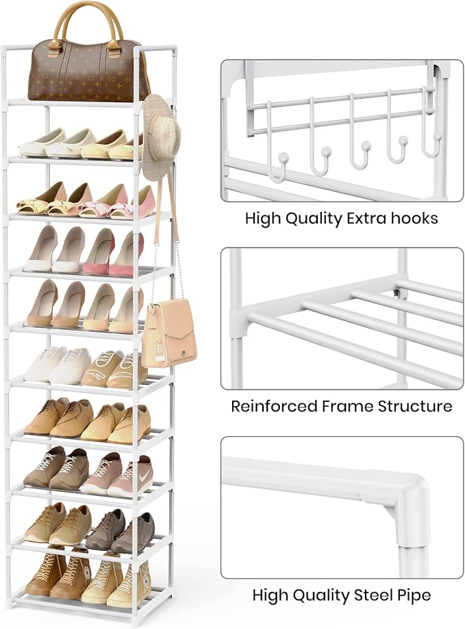 Metal Shoe Rack Organizer 10 Tiers, 20-24 Pairs Narrow Tall Shoe Racks for Closets Entryway - Vertical Boots Organizer Storage - Sturdy Shoe Shelf Cabinet White - Image 6