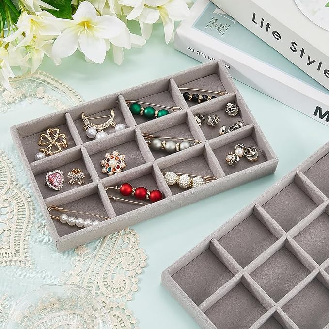 2Pcs 5 x 8.3 Inch Velvet Jewelry Trays Stackable Jewelry Organizer Removable Divider 12 Grids Divided Gray Necklace Storage Container Box Dresser Drawer Case for Earring Ring Display Showcase - Image 3