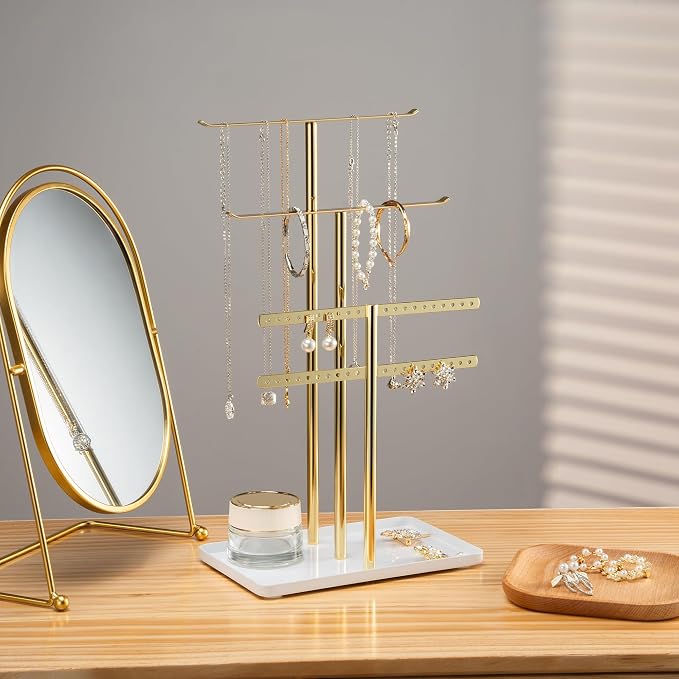 pickpiff Jewelry Stand Holder Organizer: 14.5" Sturdy Hanger for 80 Pcs Jewelry, Jewlery Tower for Display Necklace, Earring, Bracelet, Watch, Mirrored Gold - Image 2