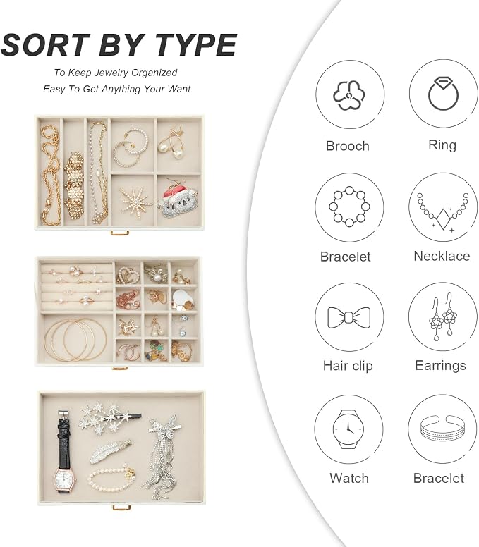 Jewelry Organizer Box for Women Girls, 3-Layer Jewelry Case with 2 Drawers Jewelry Storage Box for Ring Earrings Bracelets Necklaces(White) - Image 3