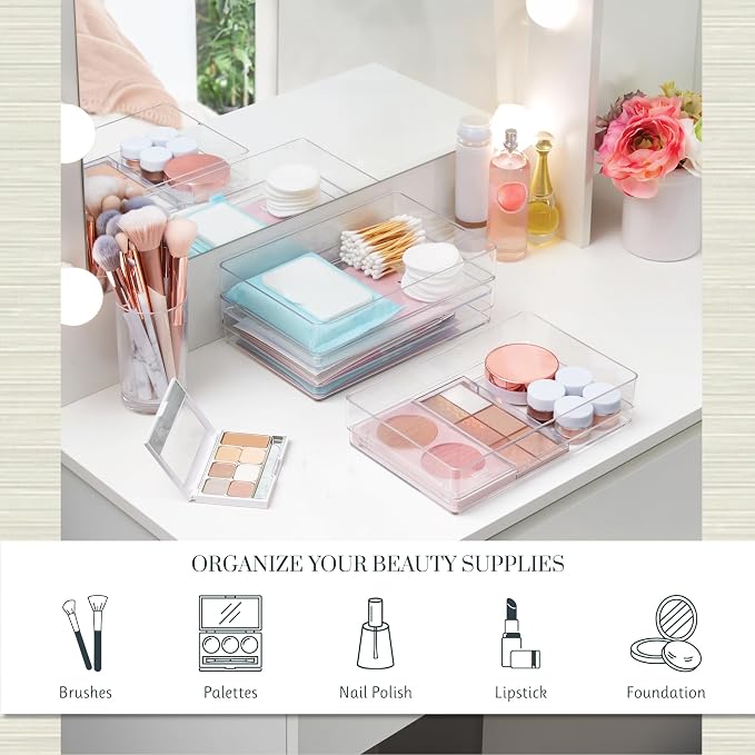 STORi SimpleSort 3-Piece Stackable Clear Drawer Organizer Set | 9" x 6" x 2" Rectangle Trays | Wide Makeup Vanity Storage Bins and Office Desk Drawer Dividers | Made in USA - Image 3