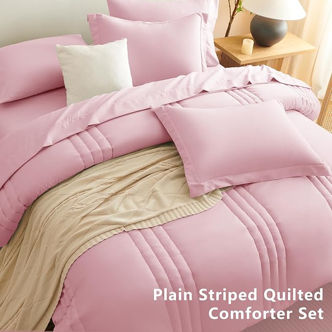 CozyLux Queen Comforter Set - 7 Pieces Bed in a Bag Pink Comforter Set with Sheets Luxury Bed Set All Seasons, Soft Bedding Set with Down Alternative Comforter, Sheets, Pillowcases & Shams