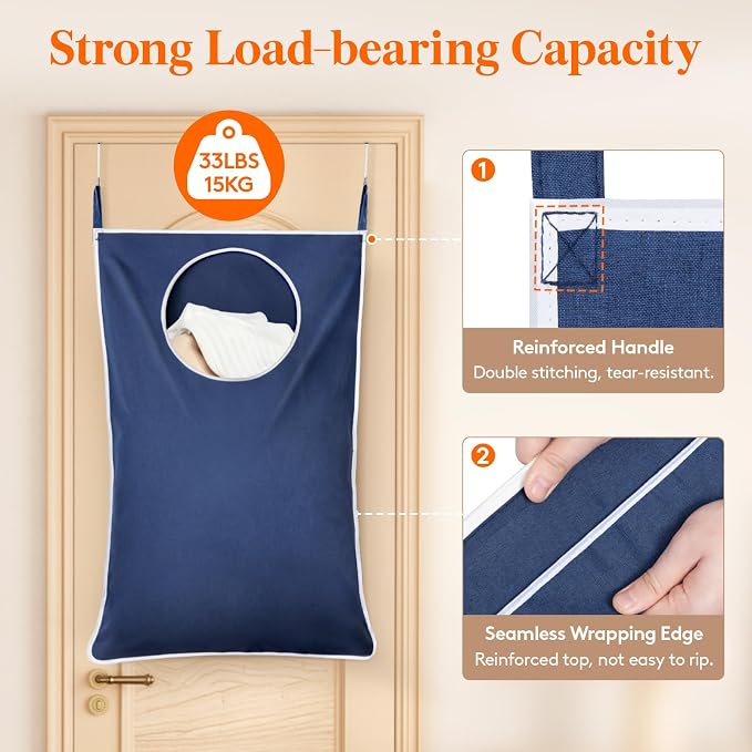 Lifewit 1 Pack Over Door Laundry Hamper, Large Collapsible Hanging Laundry Hamper, Hanging Laundry Basket Bag for Bathroom Bedroom Dirty Clothes Storage Organizer, Dark Blue - Image 3
