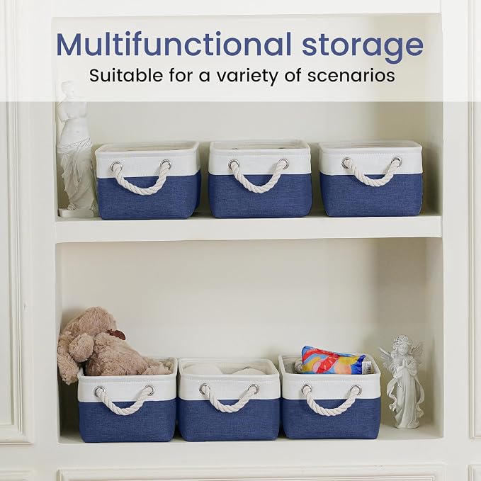 Storage Baskets for Shelves 11.8x7.9x5.2 Inch, Foldable Fabric Storage Bins with Handles, Small Storage Baskets for Organizing Closet, Office, Home Organization (6-Pack, White&Blue) - Image 6