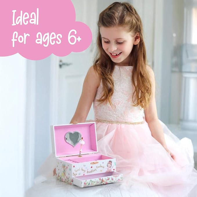 The Memory Building Co Ballerina Musical Jewelry Box Plays Classic Melody, Storage Organizer Music Box for Kids Ages 6-12, MDF Wood w/ 2 Fabric Lined Ring Bracelet Necklace Treasure Compartments - Image 8