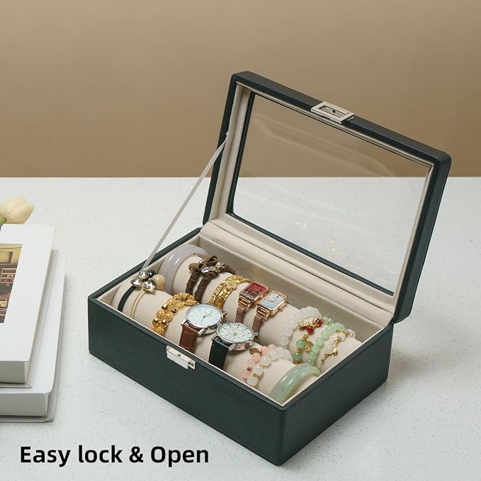 Bracelets Organizer Rods Bangles Display Holder, Clear See through Lid Leather Velvet Jewelry Storage Box Case for Women, 2 Rods Black Leather - Image 6