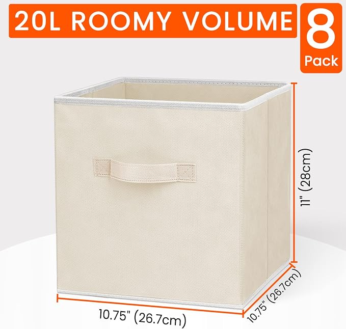 Criusia Storage Cubes - 11 Inch Heavy Duty Fabric Storage Bins for Shelves Closet Cube Organizer - 8 Pack Collapsible Cube Storage Bins Baskets for Clothes Blankets Toys - Nursery Organization (Beige) - Image 2