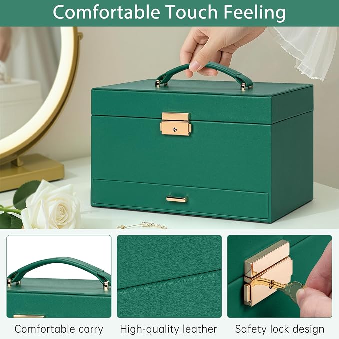 AKOZLIN Travel Jewelry Box Organizer Functional 2-trays Leather Jewelry Storage Case with Lockable Portable Drawer for Women Girls Ring Necklace Earring Bracelet - Image 7