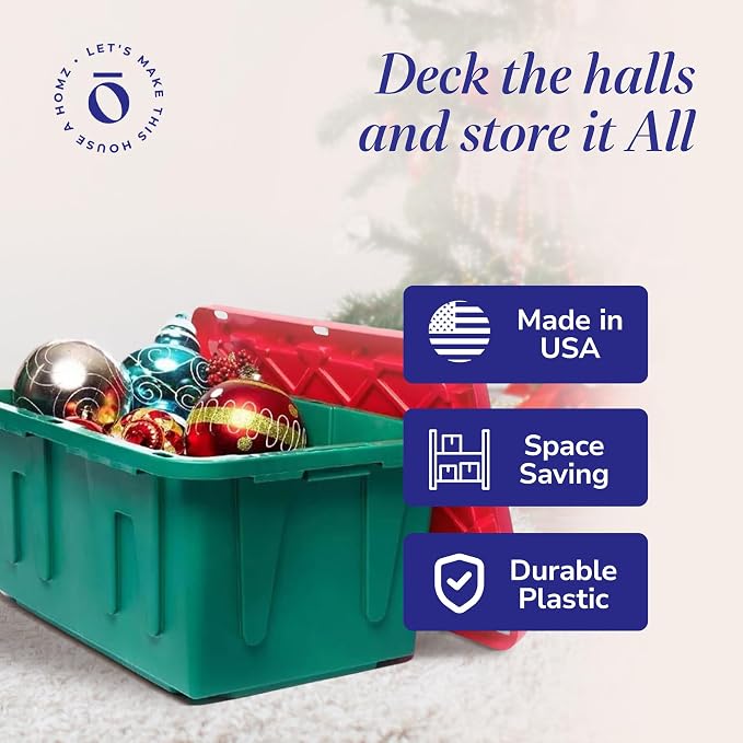 HOMZ 2-Pack Durabilt, Heavy Duty Plastic Storage Bins with Lids, 15 Gallon, Green/Red - Stackable Container Boxes for Holiday, Attic, and Garage Organization - Image 6