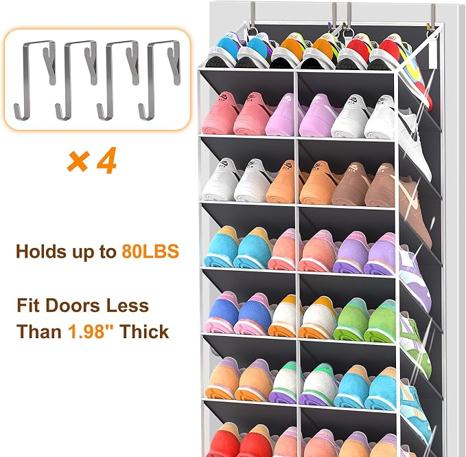 UVIAHOMI 20-30 Pairs Over the Door Shoe Organizer, Clear Pockets Hanging Shoe Storage for Closet, 10-Tier Door Shoes Rack, Handing Shoes Holder Fit All the Family's Sneakers, Boots, Heels, Dark Grey - Image 7