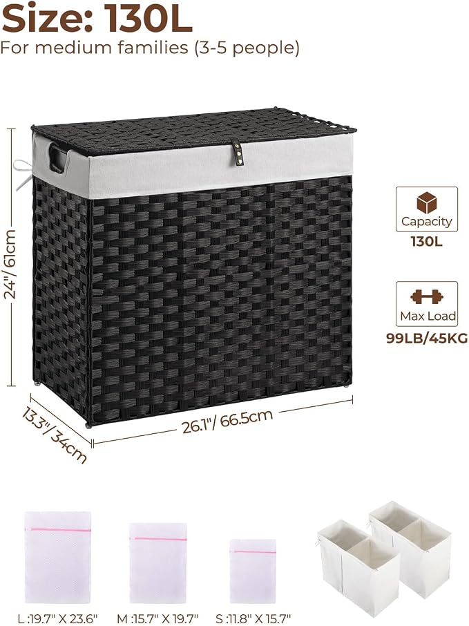 Greenstell Laundry Hamper with lid, No Install Needed, 130L Wicker Laundry Baskets Foldable 2 Removable Liner Bags, 2 Section Clothes Hamper Handwoven Rattan Laundry Basket with Handles, Black - Image 6