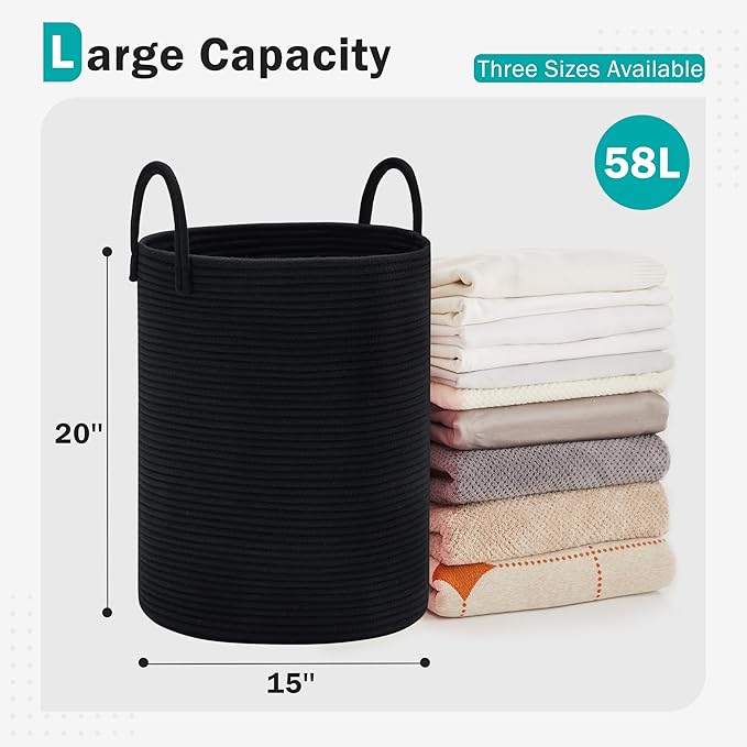 Cotton Rope Laundry Hamper by YOUDENOVA, 58L - Woven Collapsible Laundry Basket - Clothes Storage Basket for Blankets, Laundry Room Organizing, Bedroom Storage, Clothes Hamper – Black - Image 2
