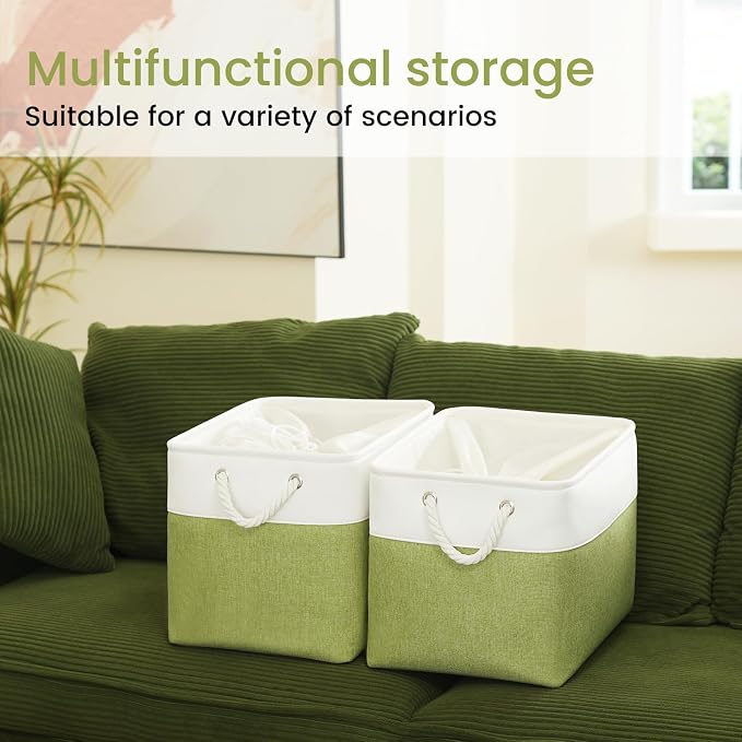 Large Storage Baskets- 16x12x12 inch Storage Bins for Shelves and Closet Organizing, Foldable Fabric Bin for Home Organization Clothes and Laundry (1-Pack, White&Green) - Image 6