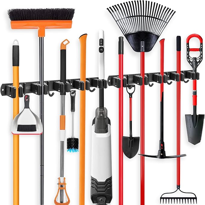 IMILLET 2 Pack Broom and Mop Holder Wall Mounted, Broom Holder Stainless Steel Broom Organizer Heavy Duty Tools Organizer Self Adhesive for Laundry Room Garage Garden（5 Racks and 4 Hooks） by IMILLET