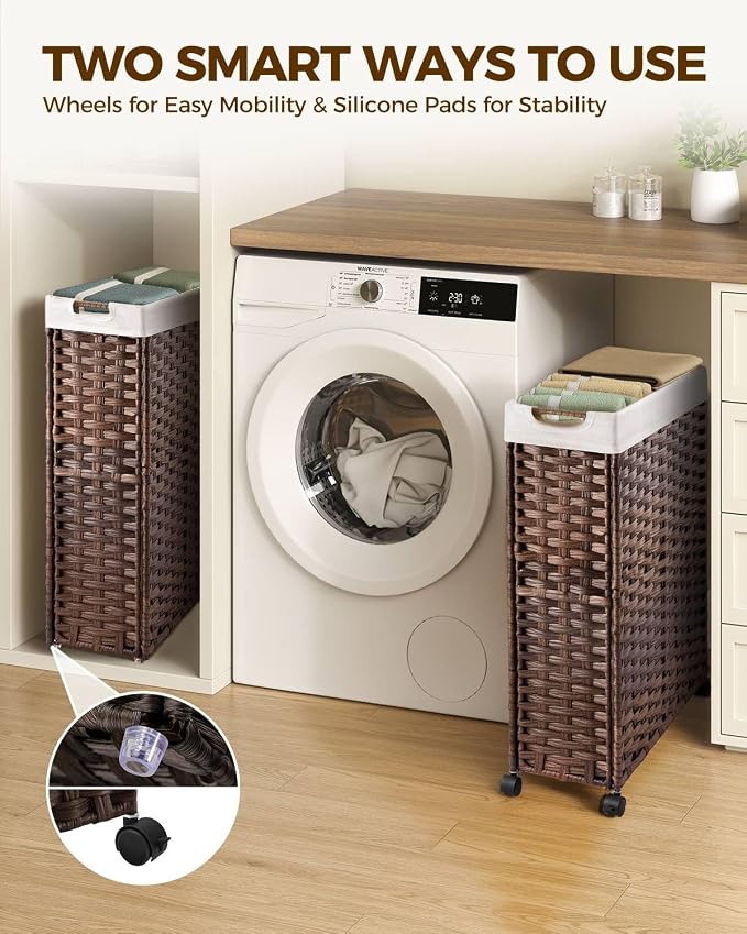 Greenstell Laundry Hamper with Wheels, 17.4 Gallon (66L) Slim Laundry Basket with 2 Removable Liner Bags & 2 Mesh Bags, Narrow Rattan Clothes Hamper for Bedroom, Laundry Room, Bathroom, Brown - Image 2