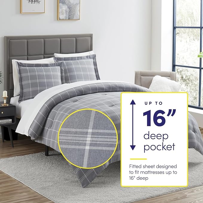 Twin XL Comforter Set with Sheets - 5-Piece Bedding Collection - 1 Comforter, 1 Fitted Sheet, 1 Flat, 2 Pillowcases - Deep Pocket - Soft & Premium Quality - Ideal for All Seasons, Gray Plaid | Breathable material, Beautifule Designs, Durable fabric