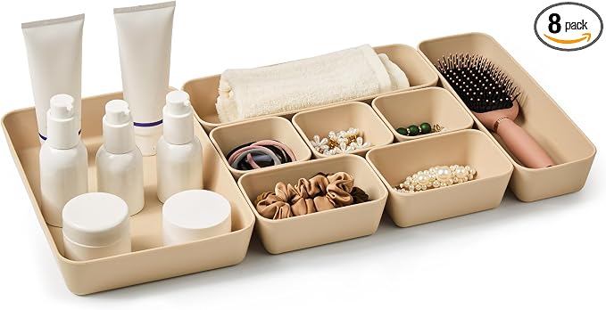 ISSEVE 8Pcs Nesting Silicone Drawer Organizer Trays, 4 Size Versatile Vanity Bathroom & Desk Drawer Organizer Set Storage Bins for Office,Kitchen,Nightstand,Beige by ISSEVE