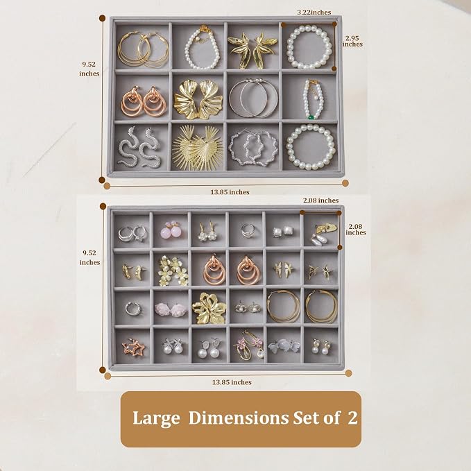 Large Velvet Jewelry Tray 2 Pack Stackable Jewelry Display Drawer Inserts Trays Organizer for Earring Bracelet Necklace Ring (Gray, 12 Grids+24 Grids) - Image 6