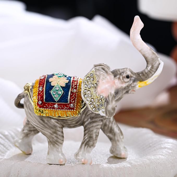 Hand Painted Animal Trinket Box for Home Decor, Hinged Jewelry Organizer Storage, Unique Personalized Collectible Keepsake Figurine Handmade Decorative Ornament Gifts (Lucky Elephant) - Image 6