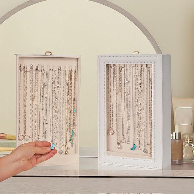Necklace Organizer Box - 2-Layer Double-Sided Clear Lid Jewelry Storage Case, Anti-Tangle Necklaces Display Holder for Pendants Bracelets, Jewelry Organizer for Women Girls (White) - Image 8