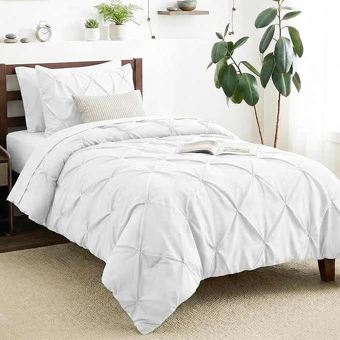 CozyLux Twin XL Comforter Set White, 5 Pieces Twin Extra Long Pintuck Bed in A Bag for College Dorm, Pinch Pleat Bedding Set with Comforter, Sheets, Pillowcase & Sham