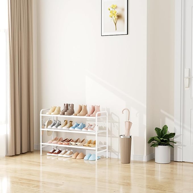 VILICK 3 Tier Shoe Rack 33" Wide Metal Shoe Organizer Long Shoe Storage with 4 Side Hooks Sturdy Shoes Shelf for Front Door Entrance, Closet, Garage, Dorm, White - Image 7