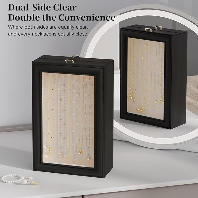 Necklace Organizer Box - 2-Layer Double-Sided Clear Lid Jewelry Storage Case, Anti-Tangle Necklaces Display Holder for Pendants Bracelets, Jewelry Organizer for Women Girls (Black) - Image 3