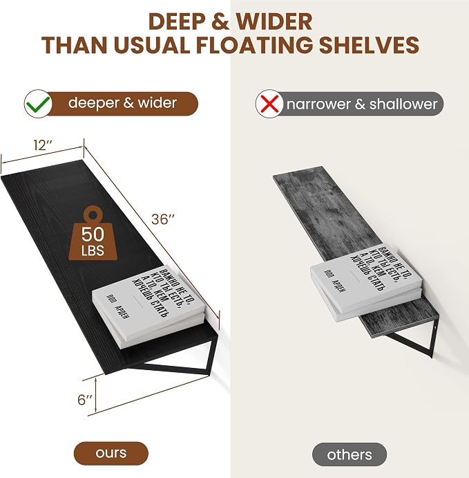 Heimlove Black Deep Floating Shelves for Wall, 36W x 12D Wood Wall Shelves Set of 2, Wide Floating Bookshelf for Living Room, Kitchen, Office, Bedroom and Decor Storage, with Metal Bracket - Black - Image 3