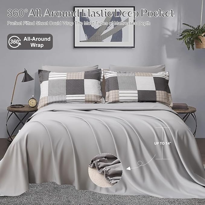 Comforter Set King Size Plaid Patchwork Comforter Bedding-7 Piece Bed in a Bag,Soft Fluffy Reversible Microfiber Bedding Set(1 Comforter,1 Flat Sheet,1 Fitted Sheet,2 Pillowcases,2 Pillow Shams),Grey