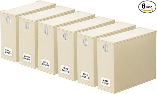 SpaceAid 6 Pack Bed Sheet Organizers and Storage, Foldable Sheet Organizer with Window for Linen Closet, Set Folder Keeper for Queen & King Size Bedding Storage (Beige) by SpaceAid