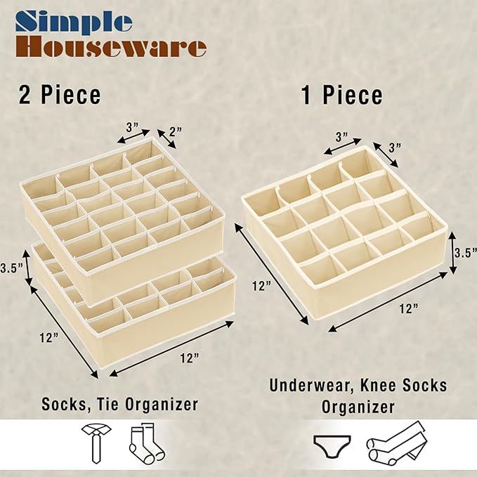 Simple Houseware Sock Drawer Organizer for Dresser/Closet/Bedroom, 3 Pack, Beige - Image 2