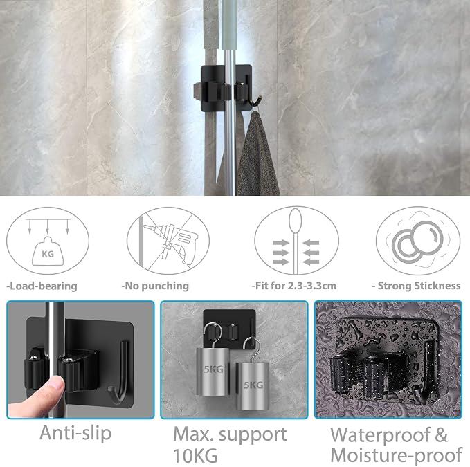 homeasy Mop Broom Holder No Drill, Mop Broom Organizer Wall Mounted Heavy Duty with Hooks Hanger, Self Adhesive Stainless Steel 4Pcs for Bathroom, Kitchen, Office (Black) - Image 3