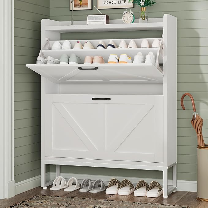 GRUSIGN Shoe Cabinet, Shoe Storage Cabinet with 2 Flip Drawers & Adjustable Shelf, Space-Saving Shoe Organizer – Holds 16+ Pairs, Narrow Shoe Cabinet Storage for Entryway/Hallway（White） by GRUSIGN