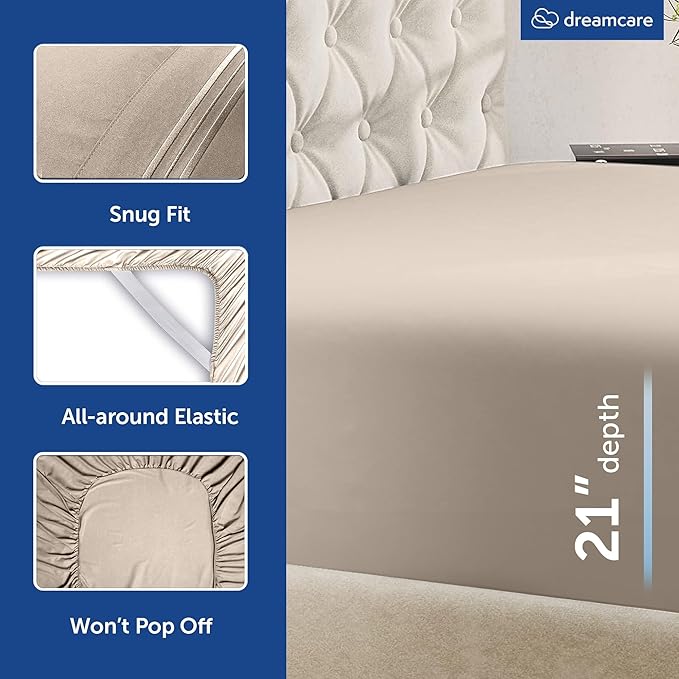 DREAMCARE King Size Sheets Set - 6 pcs Breathable Cooling Bed Sheets - up to 21" Extra Deep Pocket King Sheet Set with Side Pockets - Extra Soft 100% Brushed Hypoallergenic Hotel Luxury Bedding- Beige