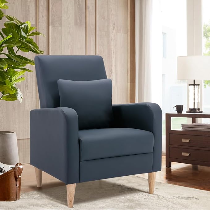 COLAMY Faux Leather Accent Living Room Chairs Set of 2, Upholstered Arm Chair Reading Side Chair, Single Sofa with Back Pillow and Wood Legs, L-Blue