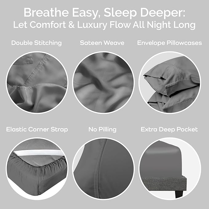 Viscose Bamboo Sheets King Size 4PC Set - Cooling Sheets for Hot Sleepers with Moisture Wicking Technology - Silky Soft 18 Inch Deep Pocket - Steel 76"x 80"