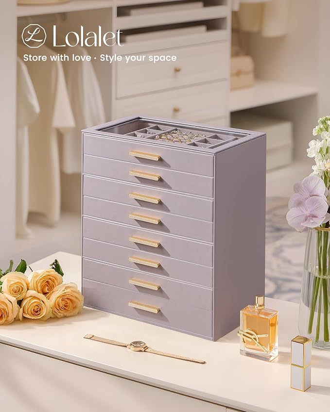 Lolalet Jewelry Box Organizer, 8-Layer Jewelry Organizers and Storage Case with Glass Lid, Ring Earring Bracelet Necklace Holder Organizer, Birthday Valentine Gifts for Women Girls -8Layer, HazePurple - Image 5
